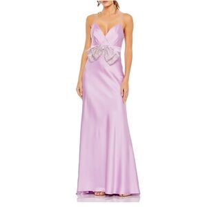 Mac Duggal 2 Light Pastel Lavender Satin Crystal gem encrusted bow Evening Dress